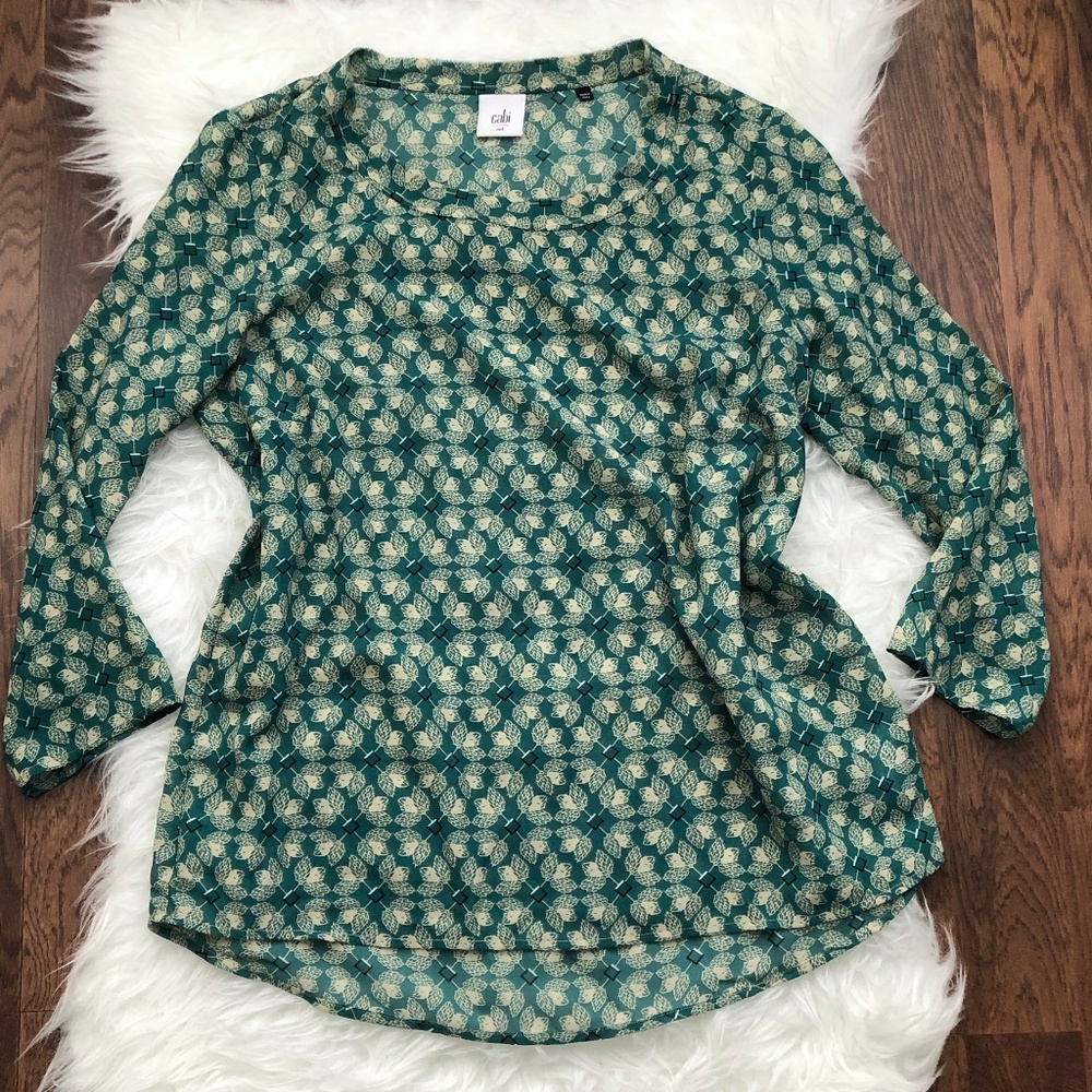 Cabi Jade Green Leaf Print Blouse Style 3069 Med